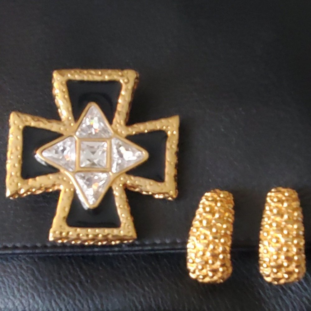Signed St John Vintage Brooch Cross Black/Gold & St John Gold Hoop Clip earrings